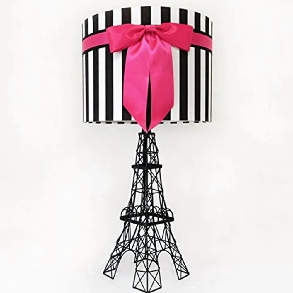 Black & White Striped Table Lamp with Pink Bow Accent
